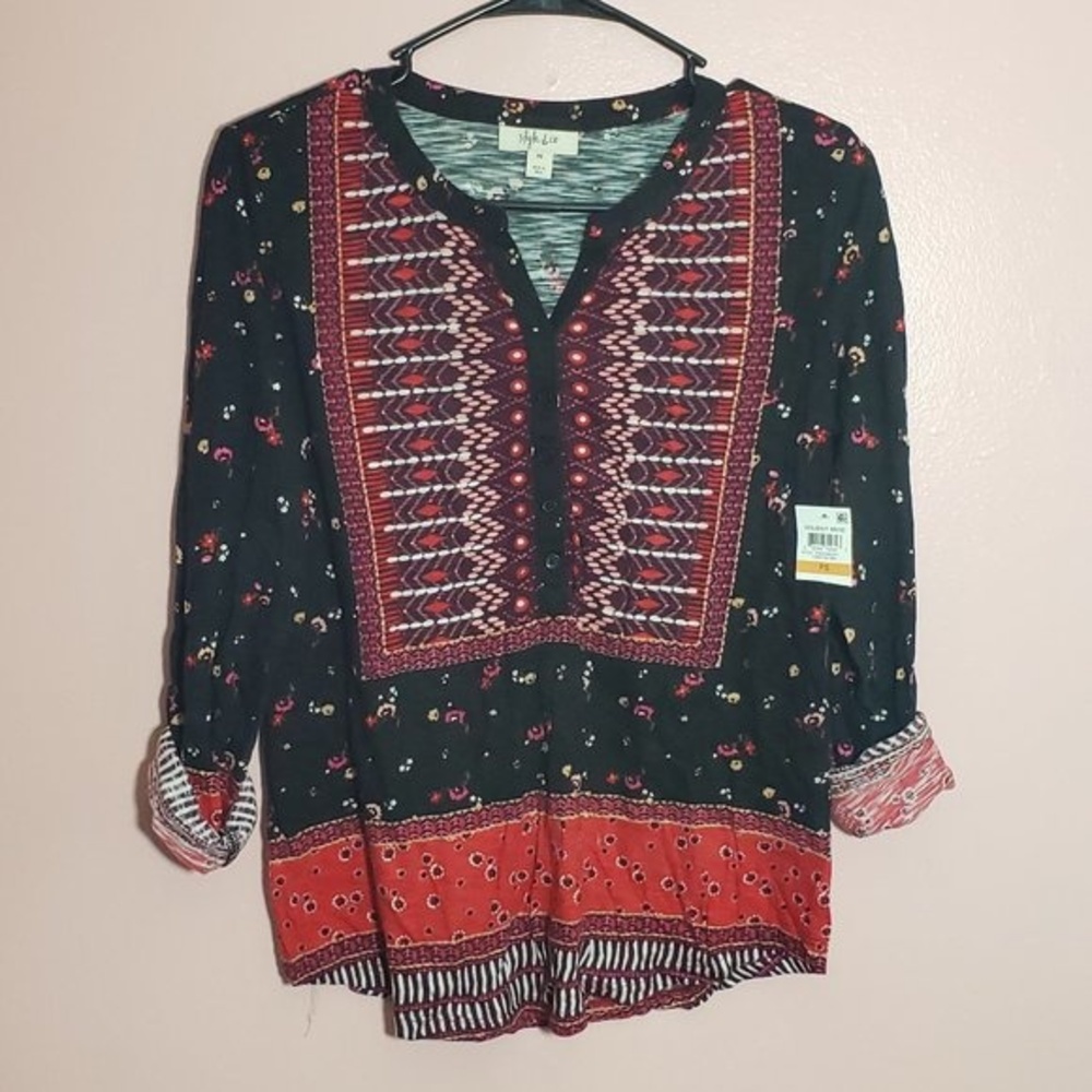 Style & Co Red Black Print Tunic Top Boho Chic Casual Blouse (PS)